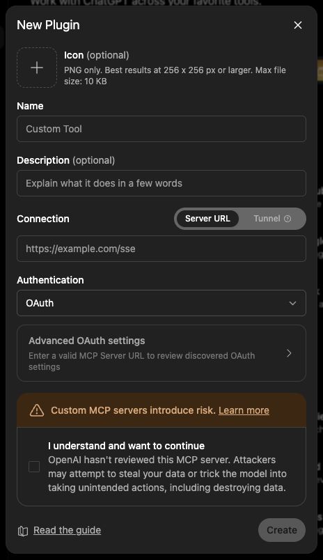 ChatGPT's custom MCP app form