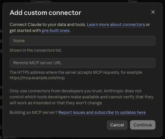 Claude's custom connector form