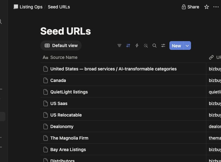 Seed URLs stored in a Notion database