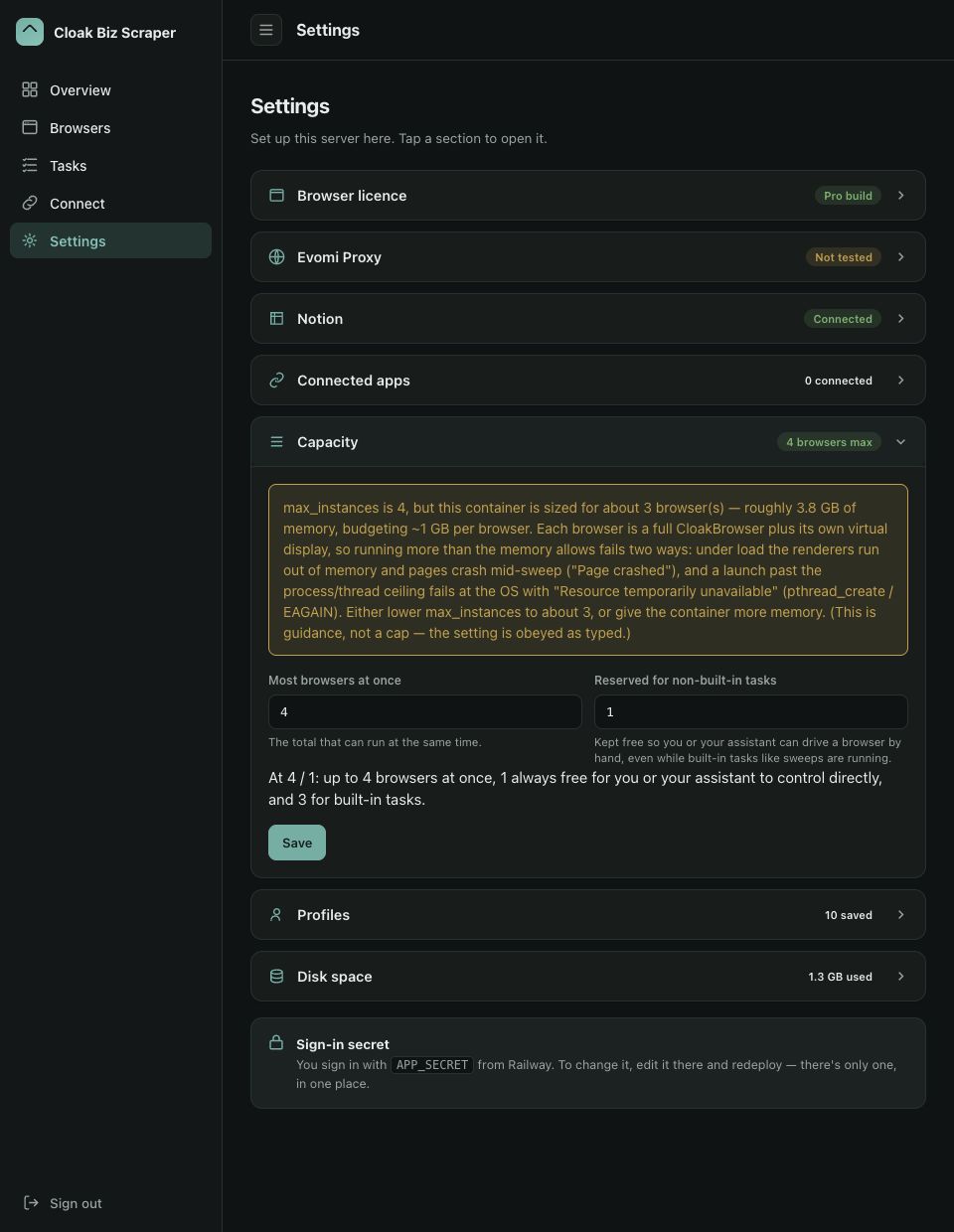 Capacity settings showing the maximum, interactive reserve, calculated task budget, and a real memory warning
