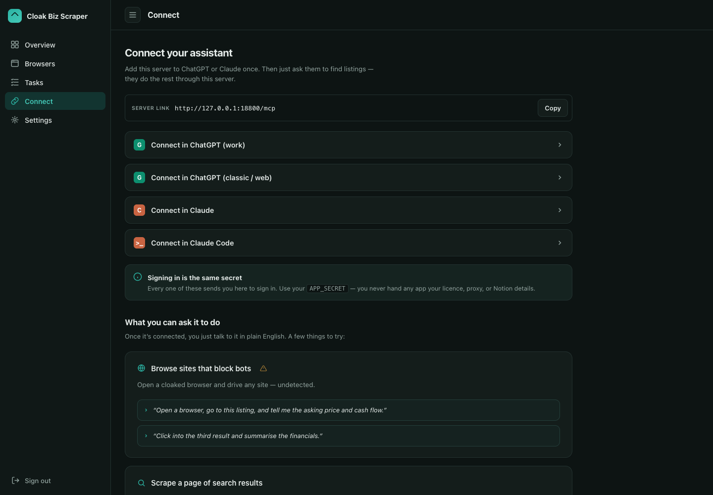 The scraper's Connect tab