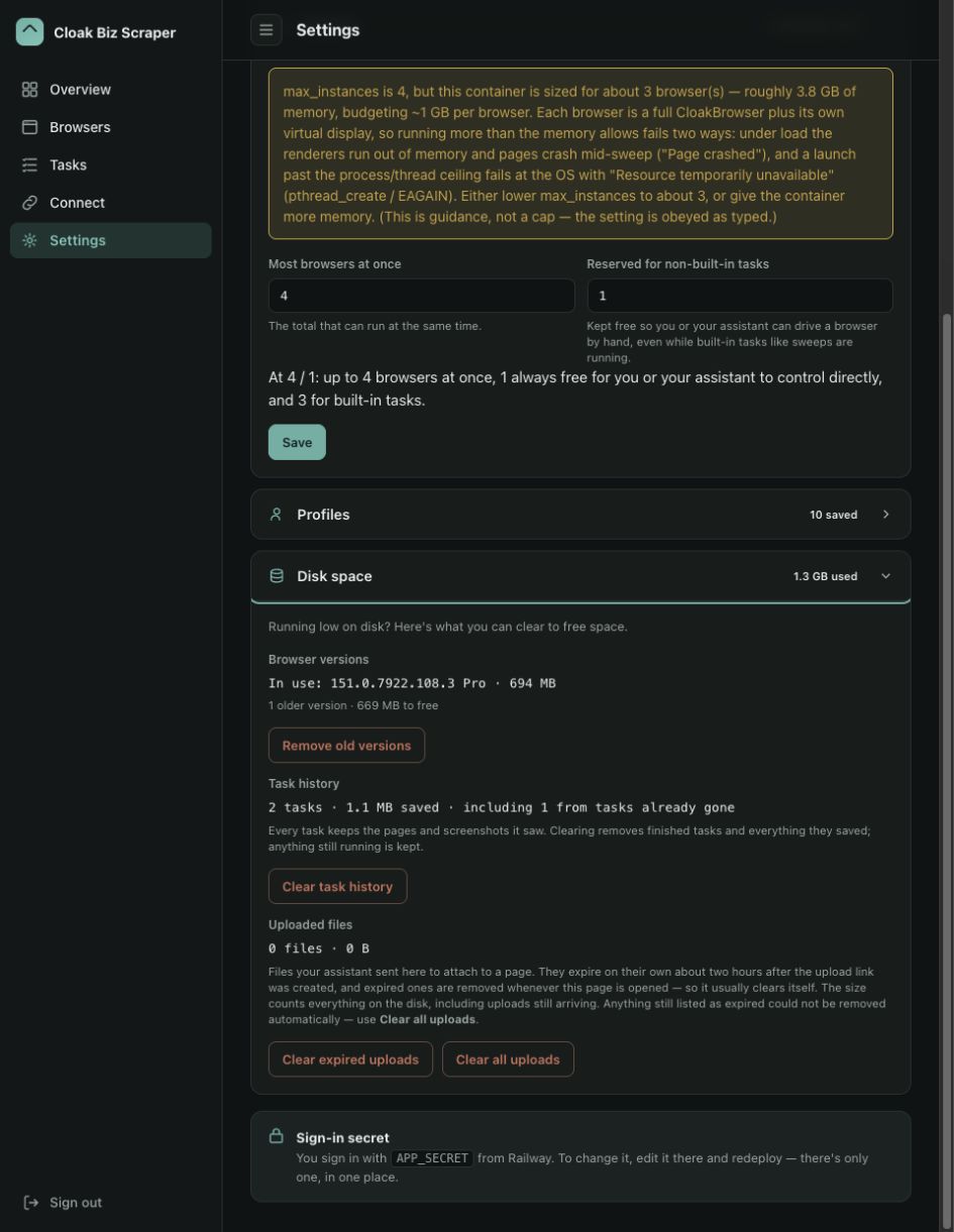 Disk space controls for browser versions, task evidence, and uploaded files