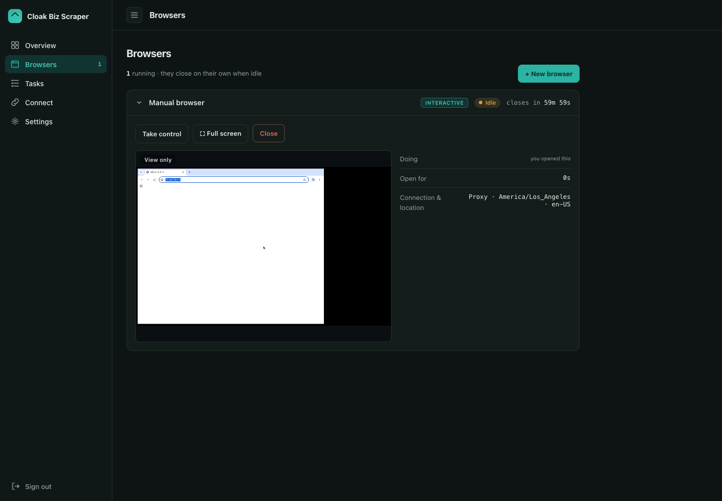 A live CloakBrowser instance the AI can operate