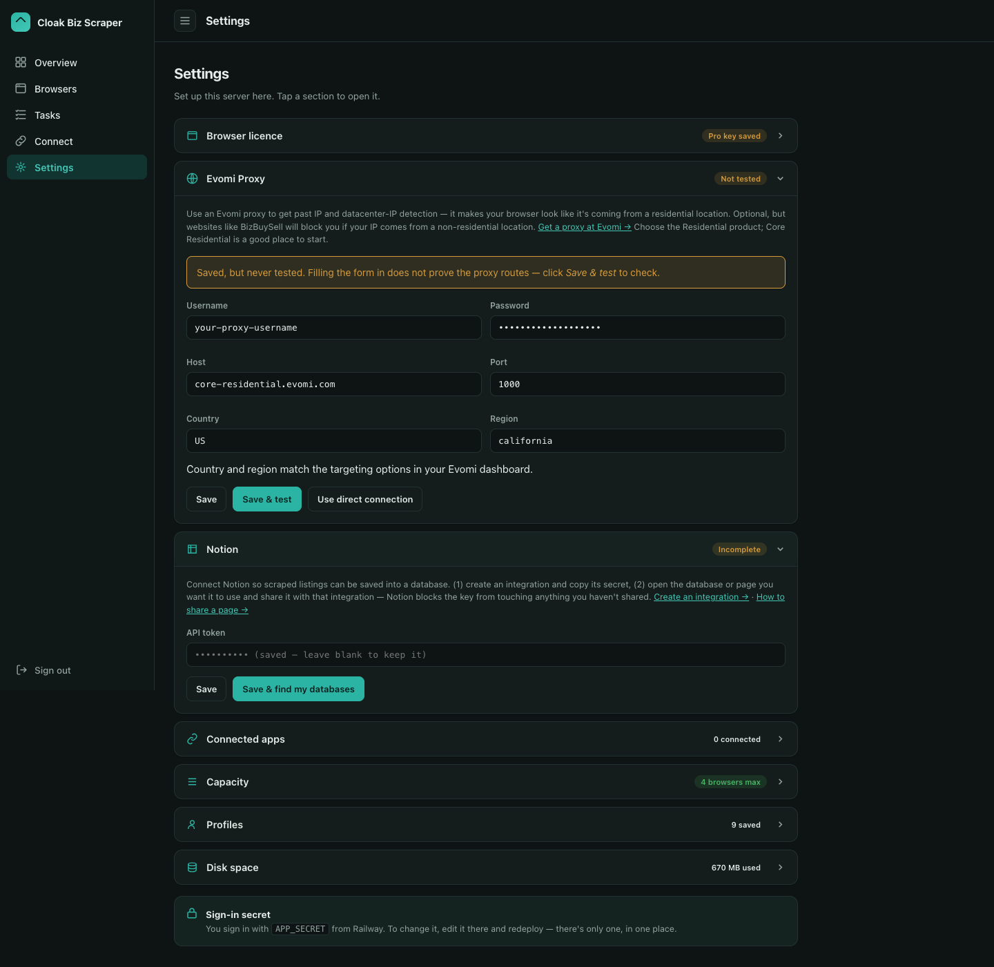 Notion and proxy setup in the scraper