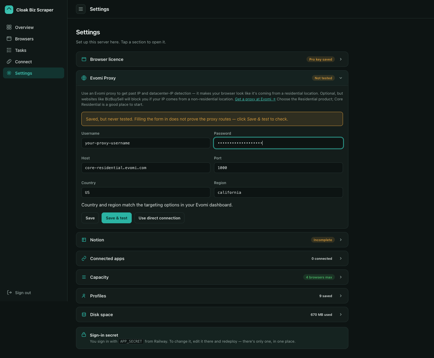 Evomi proxy fields and verification in Cloak Biz Scraper