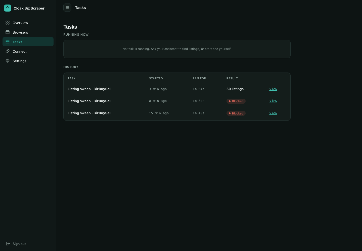 A completed listing sweep in task history